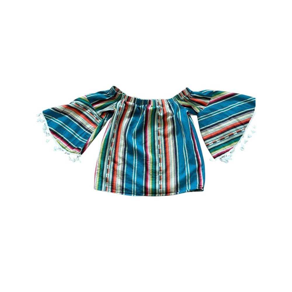 Lucky & Blessed Western Cowgirl Boho‎ NFR  Serape Bell Sleeve Tassel Top SZ S